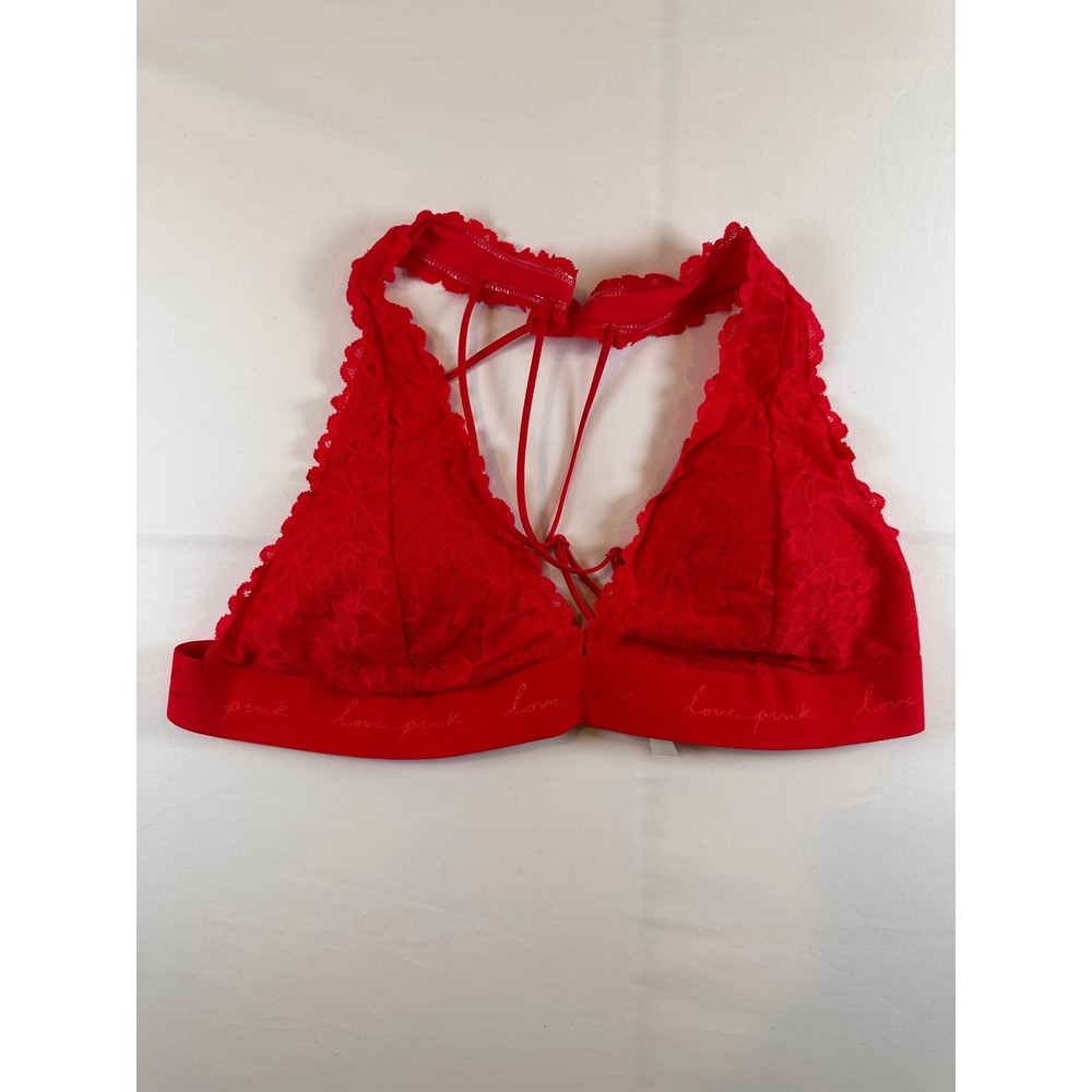 Victorias Secret PINK Red Floral Lace Halter Strappy Bralette XL New